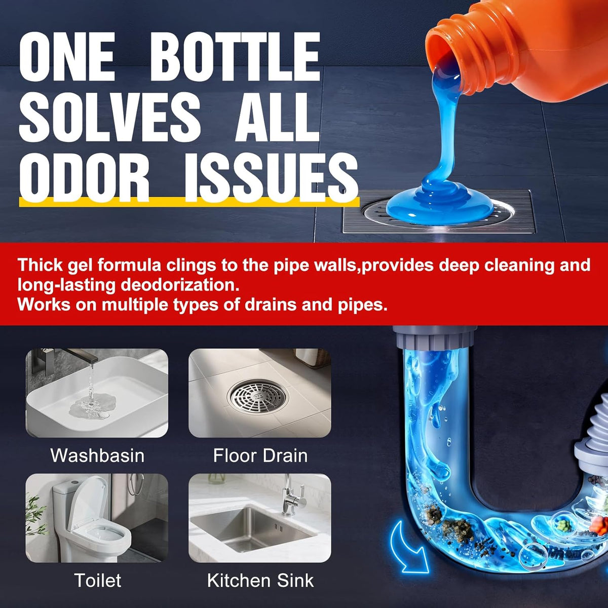 Drain Clog Remover & Pipe Cleaner - Thick Power Gel Dissolves Hair, Grease, and Soap Scum - Septic Safe Odor Eliminator for Kitchen Sinks, Tubs, Showers & Toilets