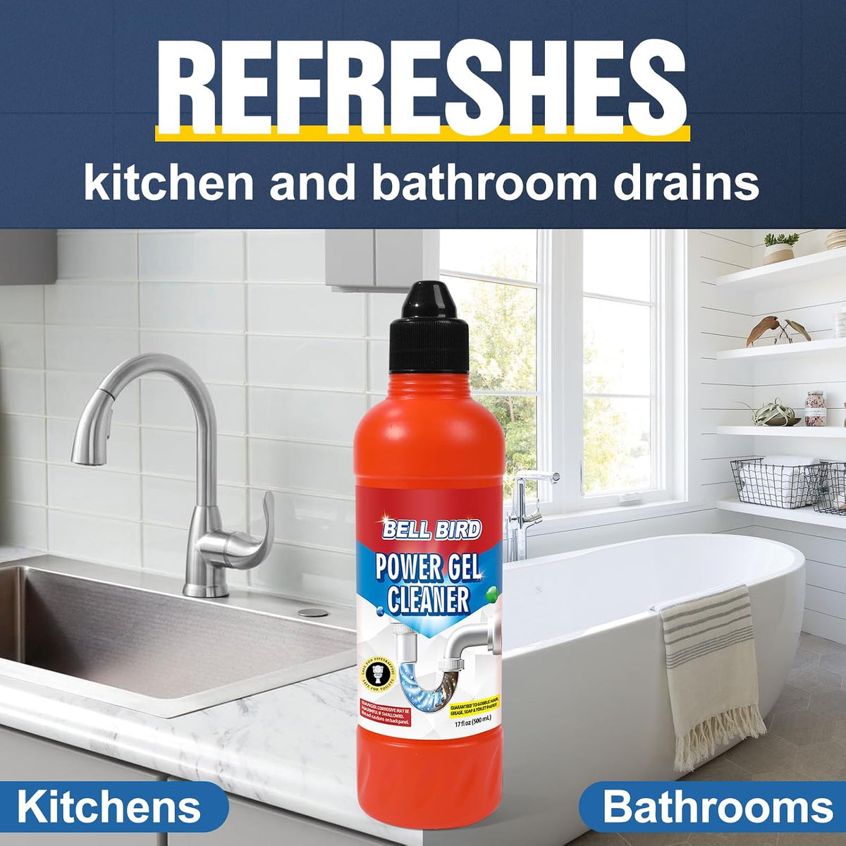 Drain Clog Remover & Pipe Cleaner - Thick Power Gel Dissolves Hair, Grease, and Soap Scum - Septic Safe Odor Eliminator for Kitchen Sinks, Tubs, Showers & Toilets