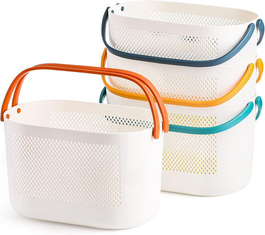 4 Pack Portable Shower Caddy Basket, Plastic Storage Baskets with Handles, Drainage Toiletry Organizer Bin, Dorm Shower Tote Bag for Bathroom, Kitchen, Closet, Bedroom, College, Gym, Camp