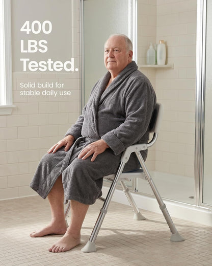 Foldable Shower Chair with Arms and Back Inside Shower, 400LBS Heavy Duty Shower Seat for Elderly Seniors Disabled Adults, U-Shape Cutout 6-Level Height Adjustable Folding Bath Stool