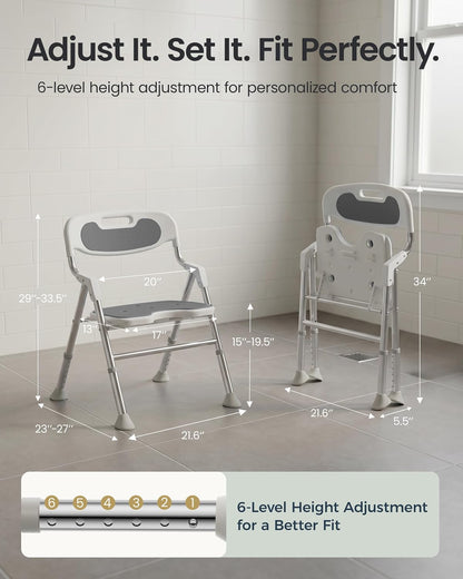 Foldable Shower Chair with Arms and Back Inside Shower, 400LBS Heavy Duty Shower Seat for Elderly Seniors Disabled Adults, U-Shape Cutout 6-Level Height Adjustable Folding Bath Stool