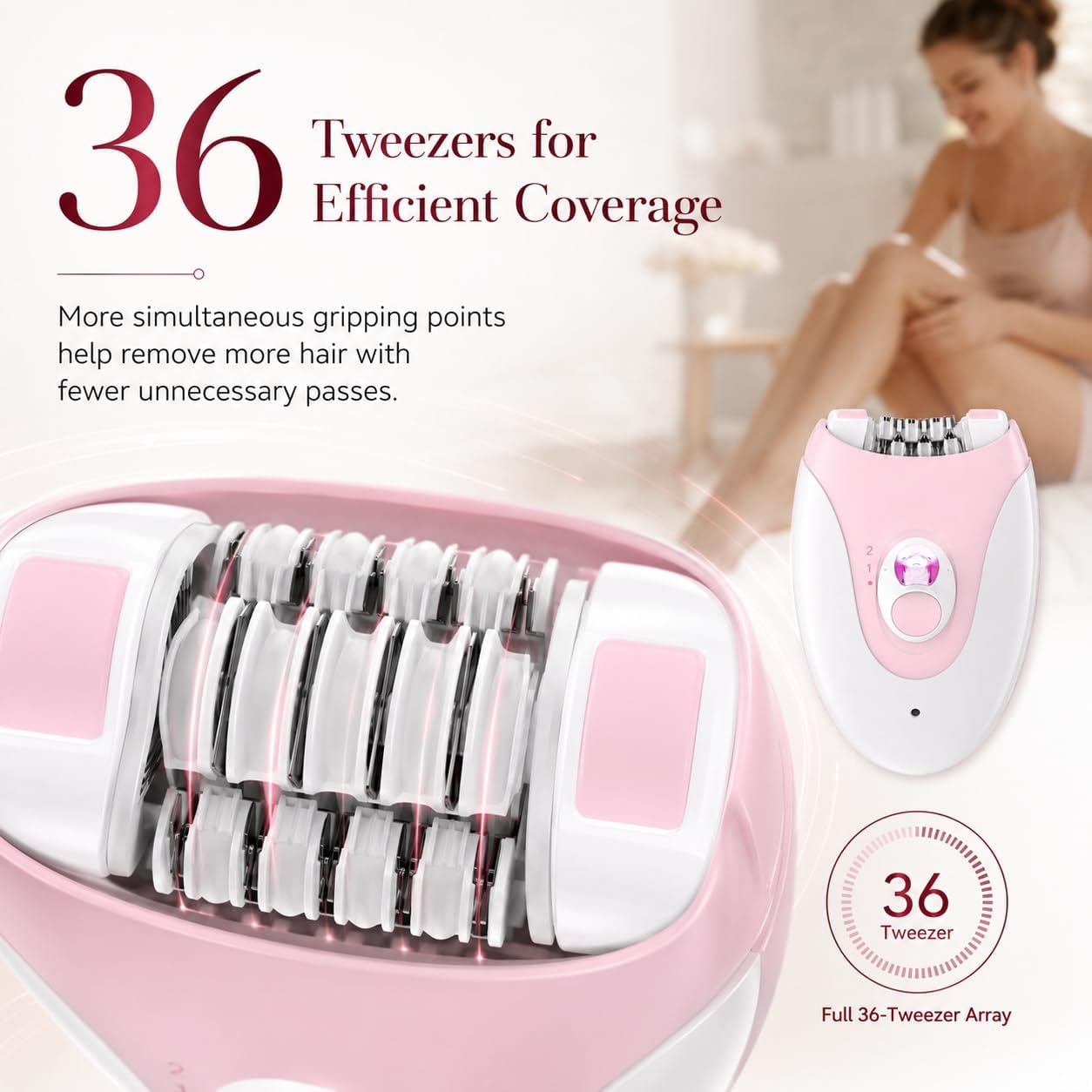 Epilator for Women, 36 Tweezer Hair Removal Device, Long-Lasting Smooth Skin Up to 4–6 Weeks, 2-Speed Electric Facial Hair Remover with LED Light, Cordless USB, for Legs, Arms, Underarms & Bikini Area