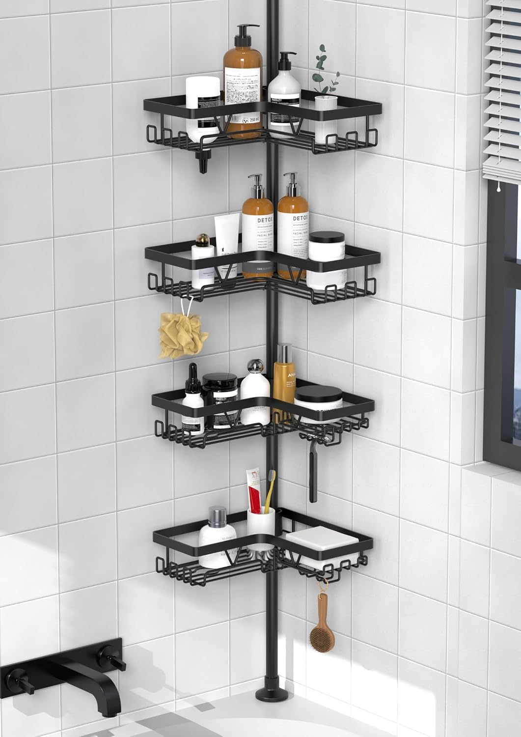 Corner Shower Caddy Tension Pole, Large Capacity Bathroom Organizer
