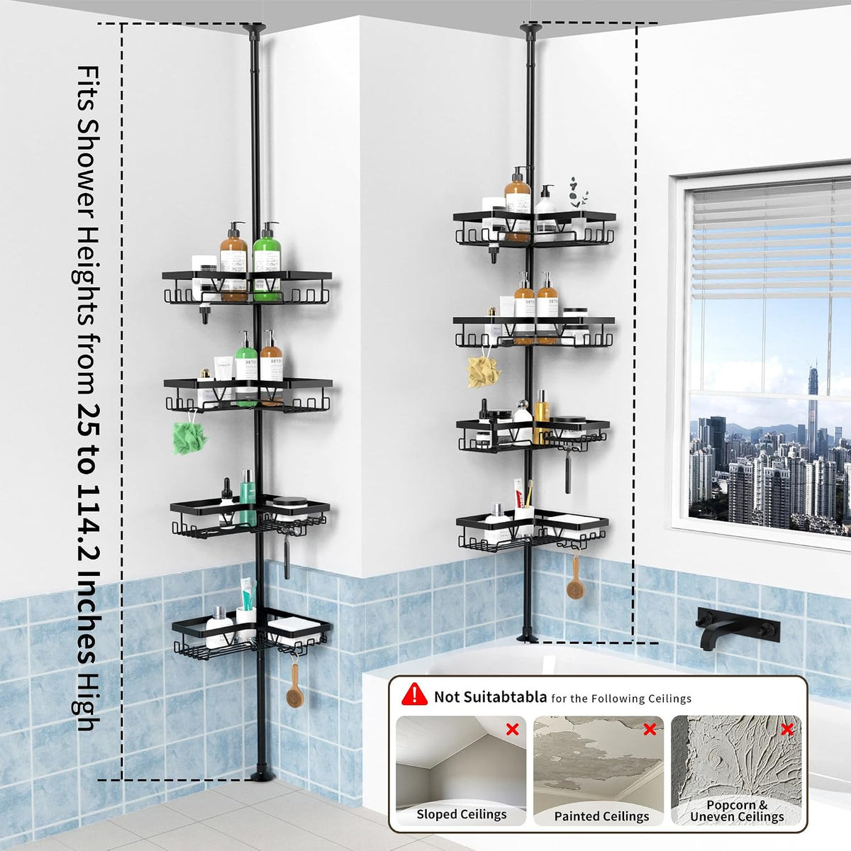 Corner Shower Caddy Tension Pole, Large Capacity Bathroom Organizer