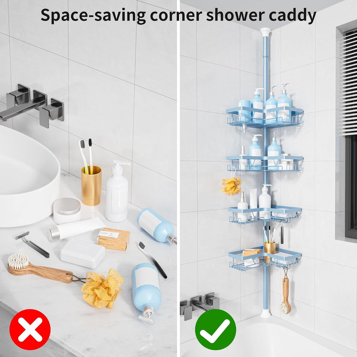 Corner Shower Caddy Tension Pole, Large Capacity Bathroom Organizer
