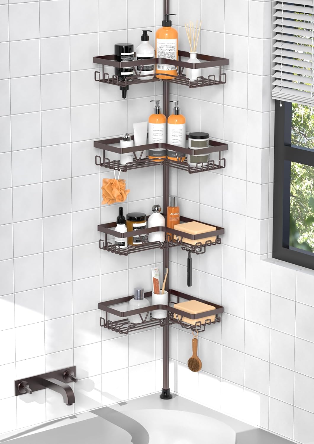 Corner Shower Caddy Tension Pole, Large Capacity Bathroom Organizer