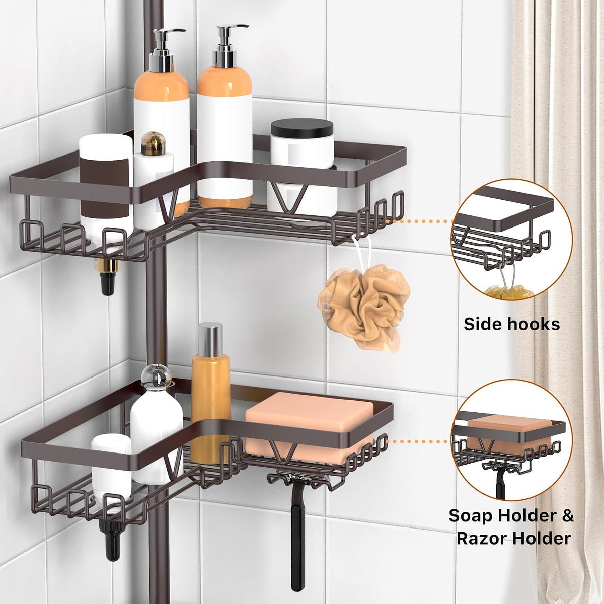 Corner Shower Caddy Tension Pole, Large Capacity Bathroom Organizer