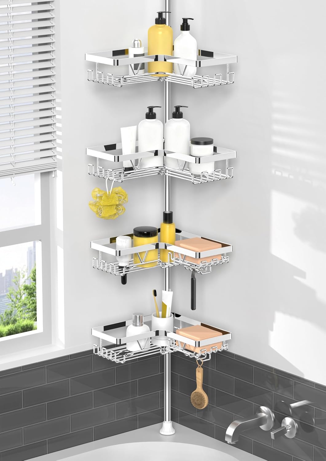 Corner Shower Caddy Tension Pole, Large Capacity Bathroom Organizer