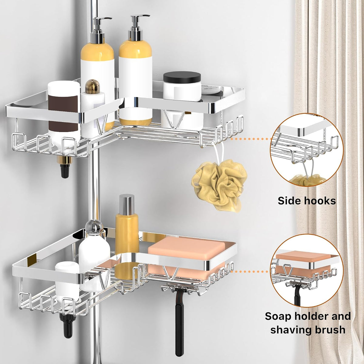 Corner Shower Caddy Tension Pole, Large Capacity Bathroom Organizer