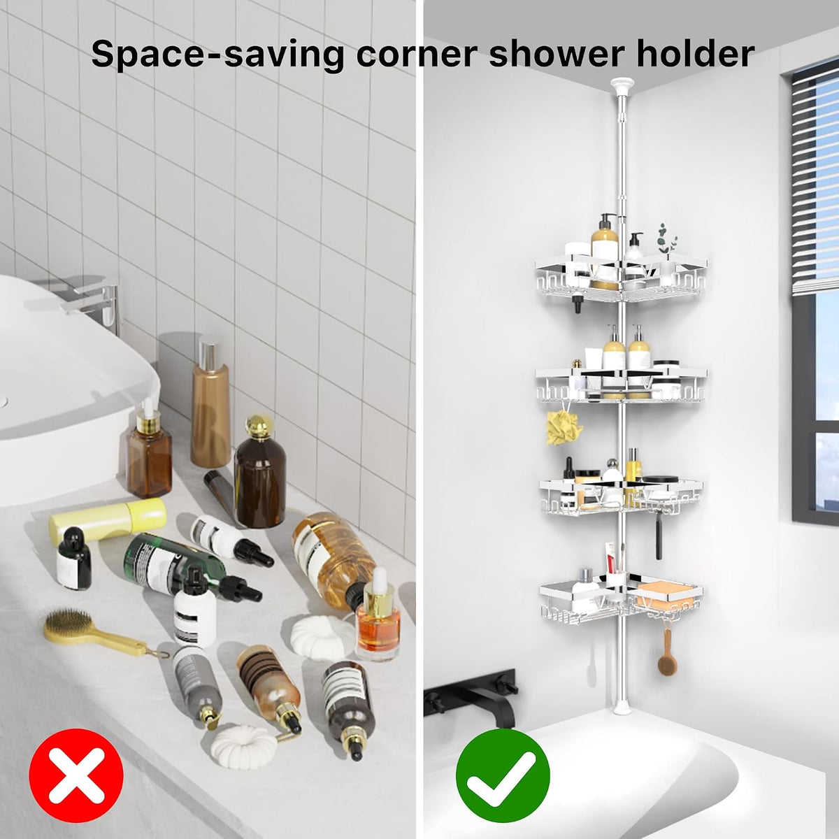 Corner Shower Caddy Tension Pole, Large Capacity Bathroom Organizer