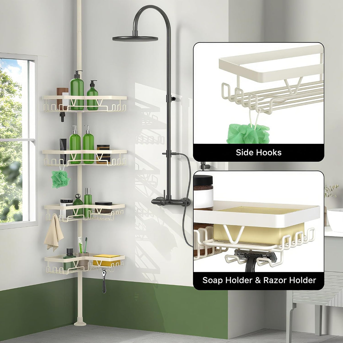 Corner Shower Caddy Tension Pole, Large Capacity Bathroom Organizer