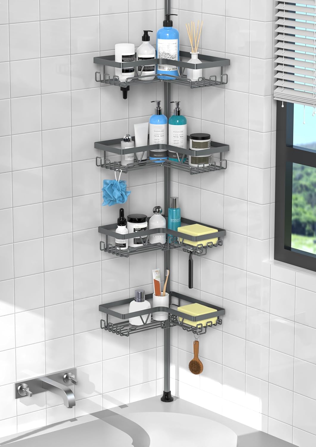 Corner Shower Caddy Tension Pole, Large Capacity Bathroom Organizer