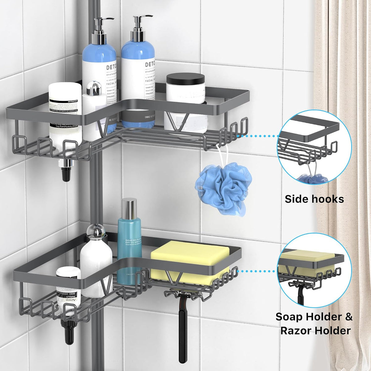 Corner Shower Caddy Tension Pole, Large Capacity Bathroom Organizer