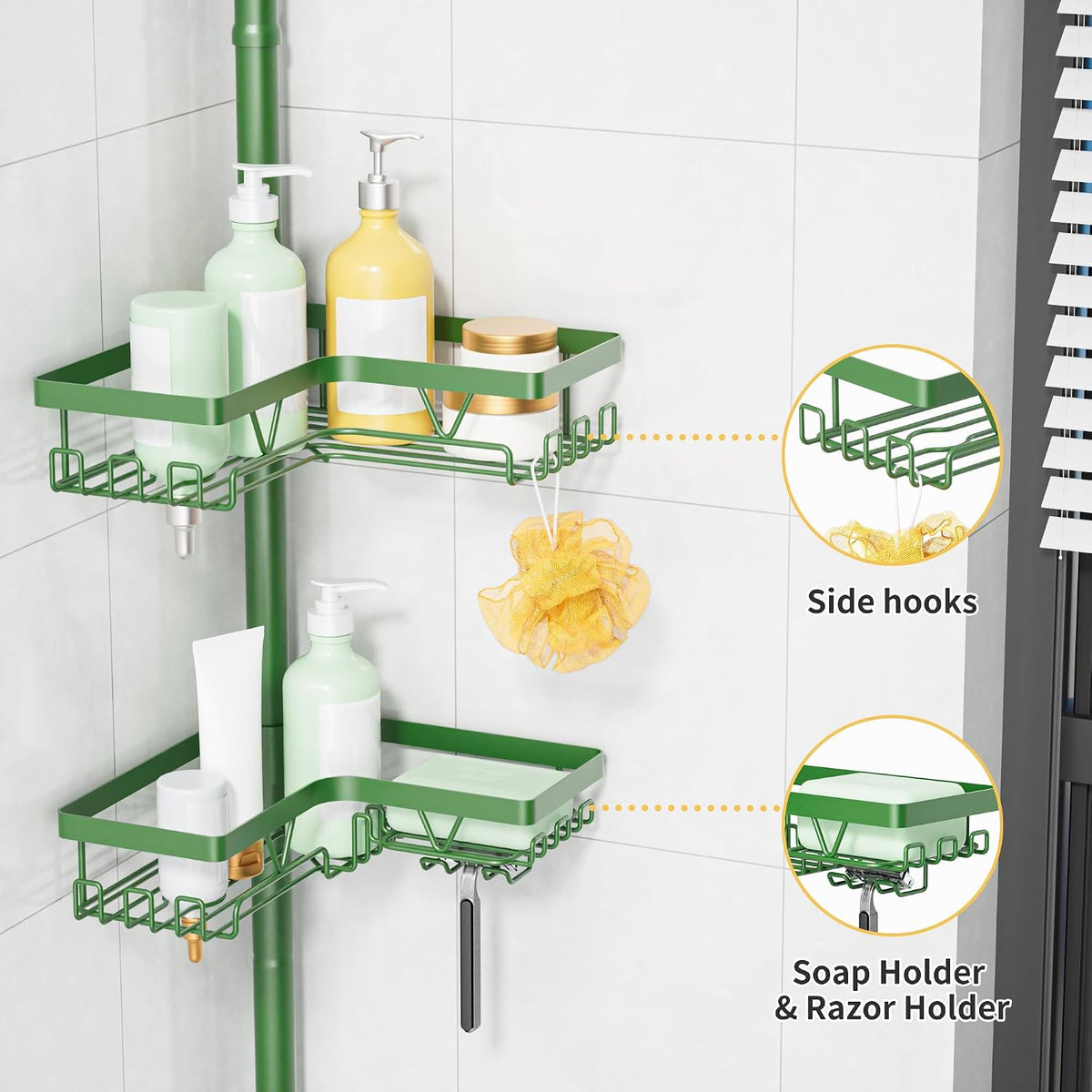 Corner Shower Caddy Tension Pole, Large Capacity Bathroom Organizer