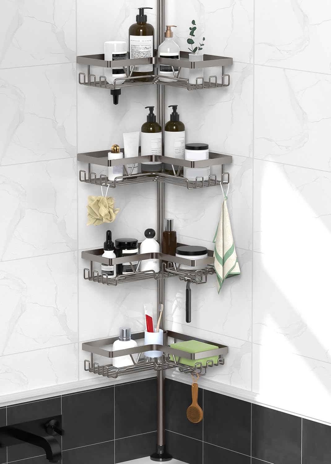 Corner Shower Caddy Tension Pole, Large Capacity Bathroom Organizer
