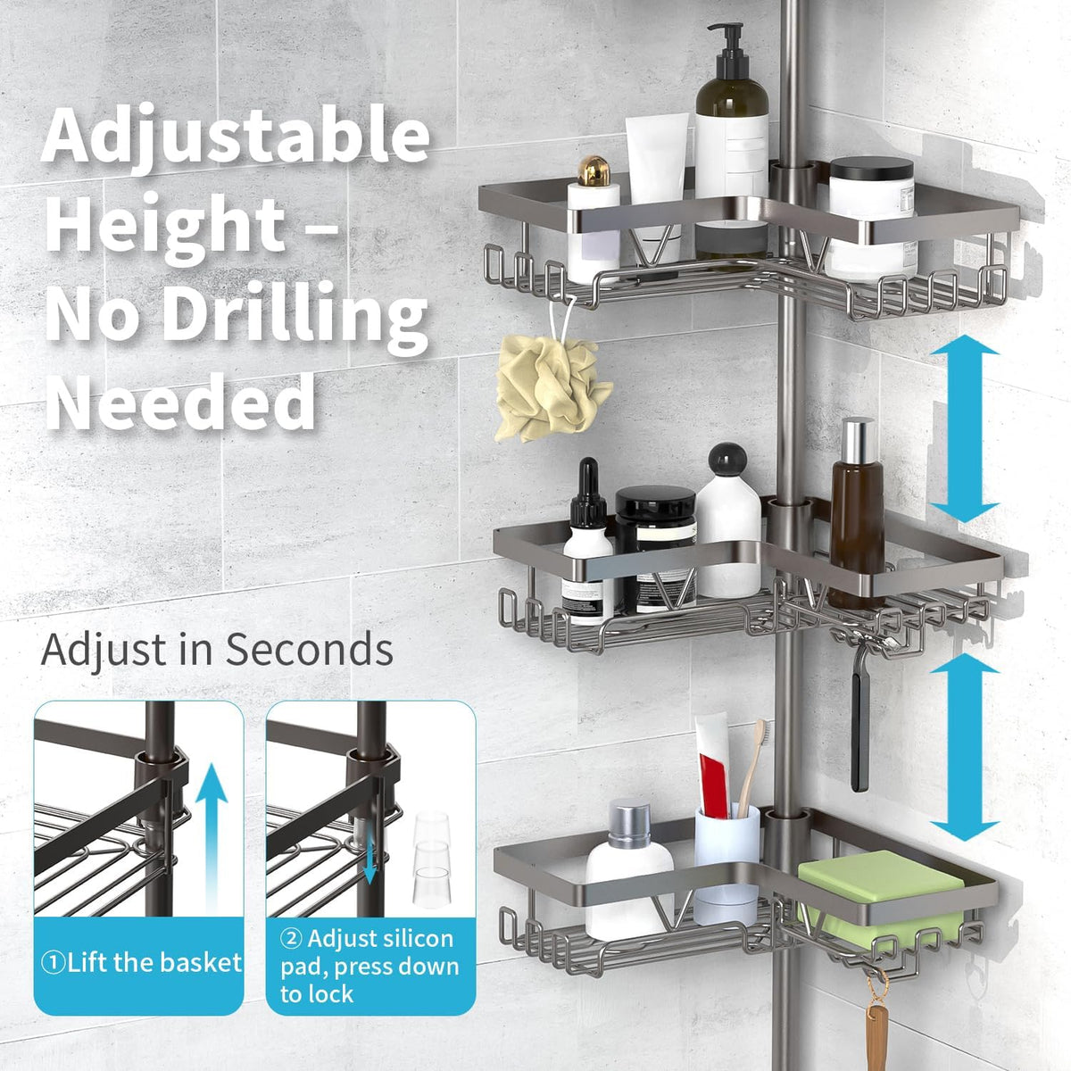 Corner Shower Caddy Tension Pole, Large Capacity Bathroom Organizer