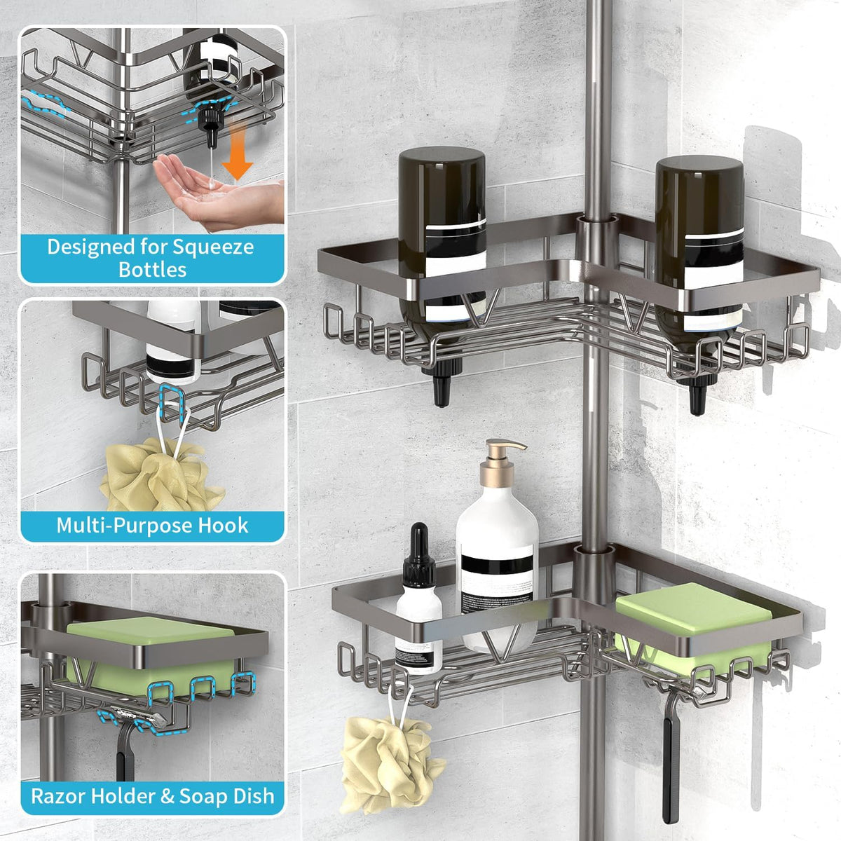 Corner Shower Caddy Tension Pole, Large Capacity Bathroom Organizer