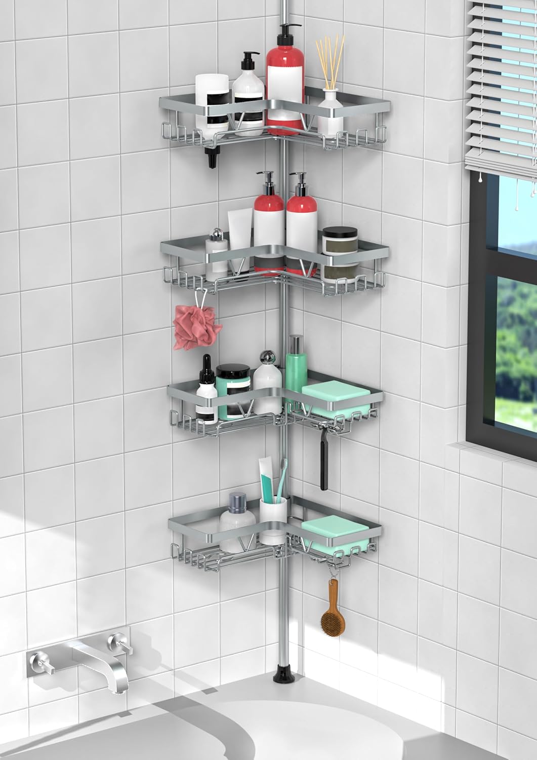 Corner Shower Caddy Tension Pole, Large Capacity Bathroom Organizer