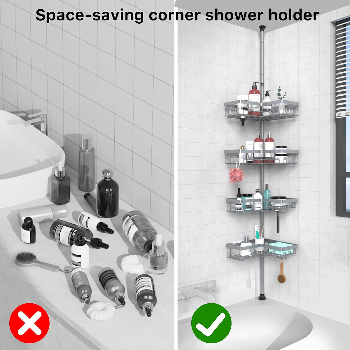 Corner Shower Caddy Tension Pole, Large Capacity Bathroom Organizer