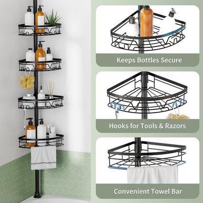 Corner Shower Caddy Tension Pole, Large Capacity Bathroom Organizer