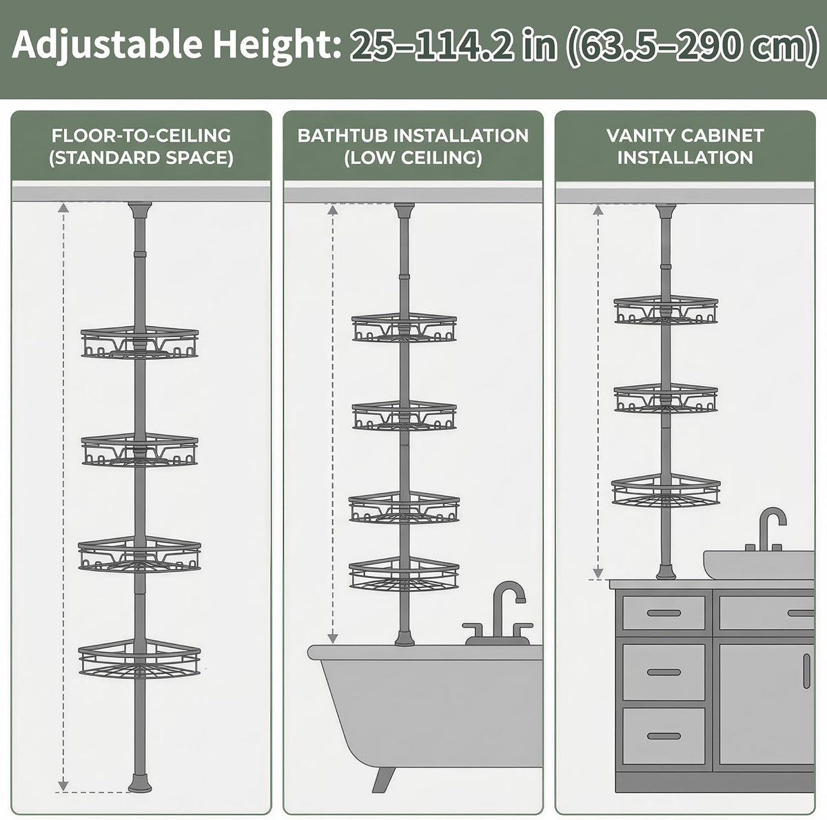 Corner Shower Caddy Tension Pole, Large Capacity Bathroom Organizer