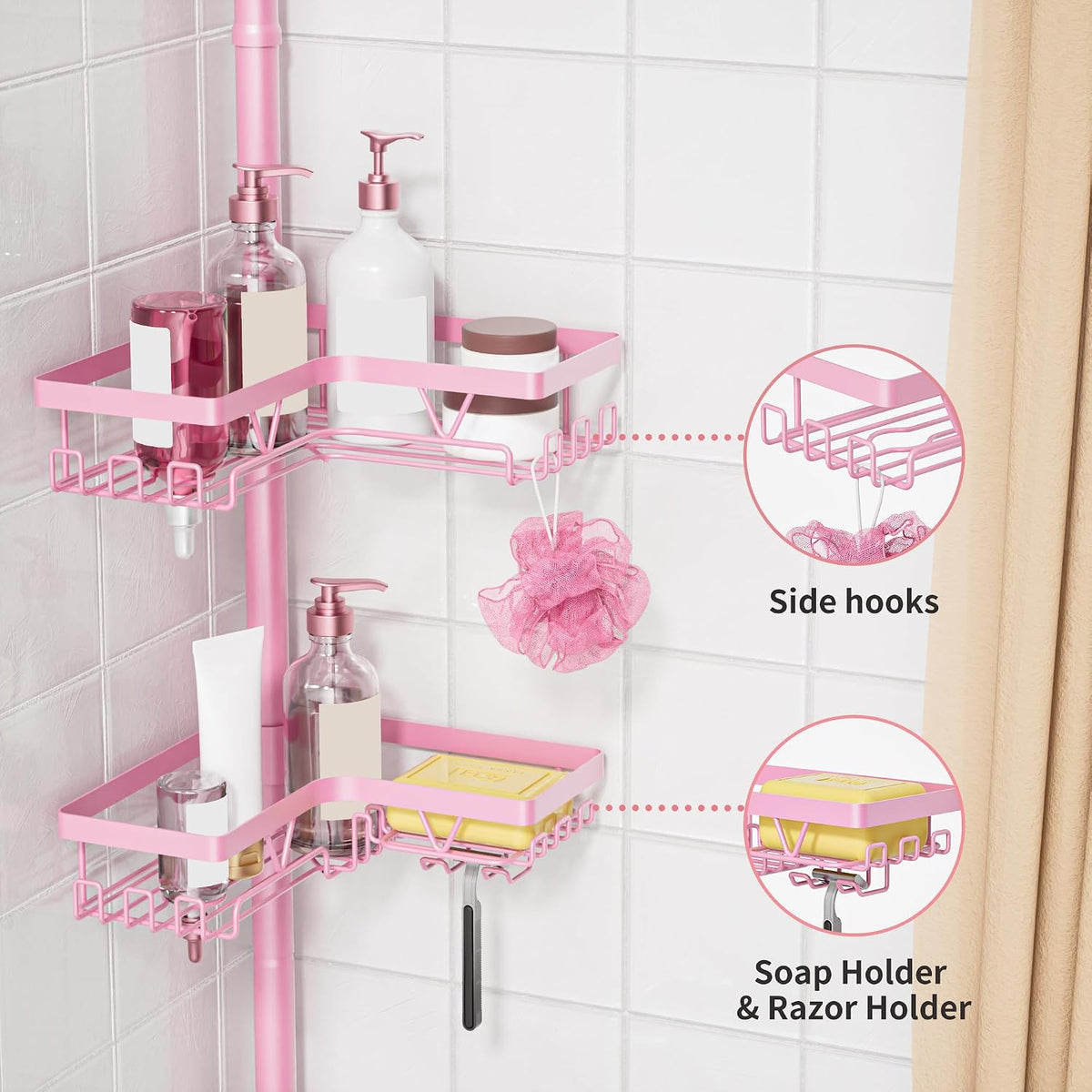 Corner Shower Caddy Tension Pole, Large Capacity Bathroom Organizer