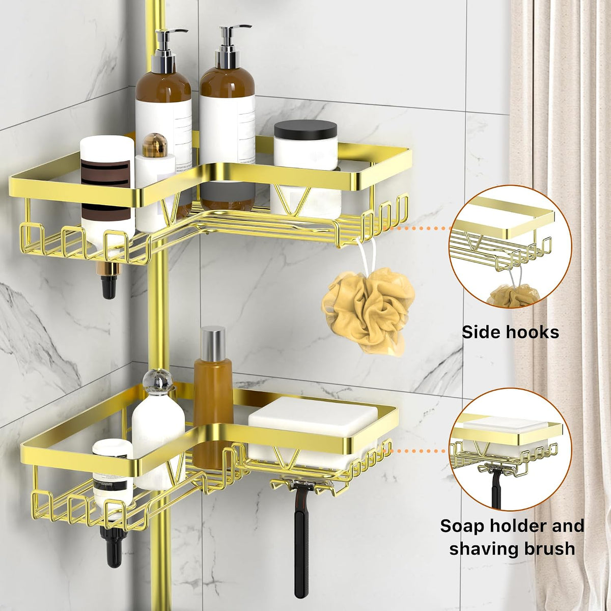 Corner Shower Caddy Tension Pole, Large Capacity Bathroom Organizer