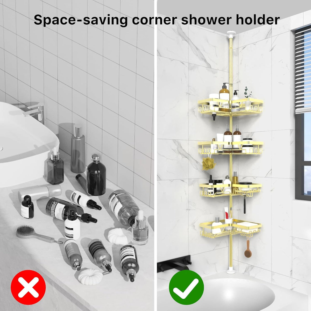 Corner Shower Caddy Tension Pole, Large Capacity Bathroom Organizer