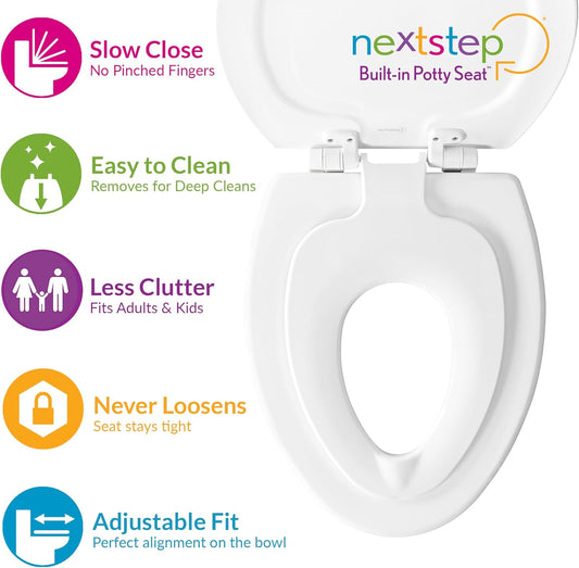 NextStep Toilet Seat with Built-In Potty Training Seat, Slow-Close, Removable that will Never Loosen, ELONGATED, White