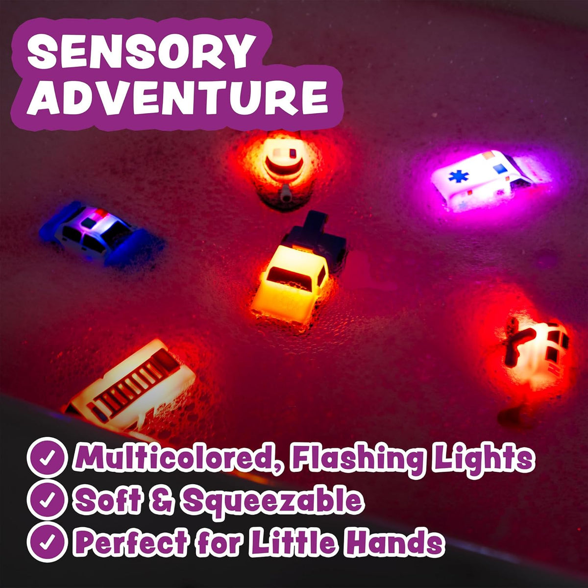 ® Emergency™ Cars Light Up Bath Toys, 6 Pack | Water-Activated Light Up Toys Flash & Change Color | Soft, Squeezable Baby & Toddler Bath Toys | Sensory Toys with Bath Lights for Kids Bath
