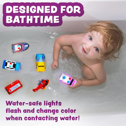 ® Emergency™ Cars Light Up Bath Toys, 6 Pack | Water-Activated Light Up Toys Flash & Change Color | Soft, Squeezable Baby & Toddler Bath Toys | Sensory Toys with Bath Lights for Kids Bath