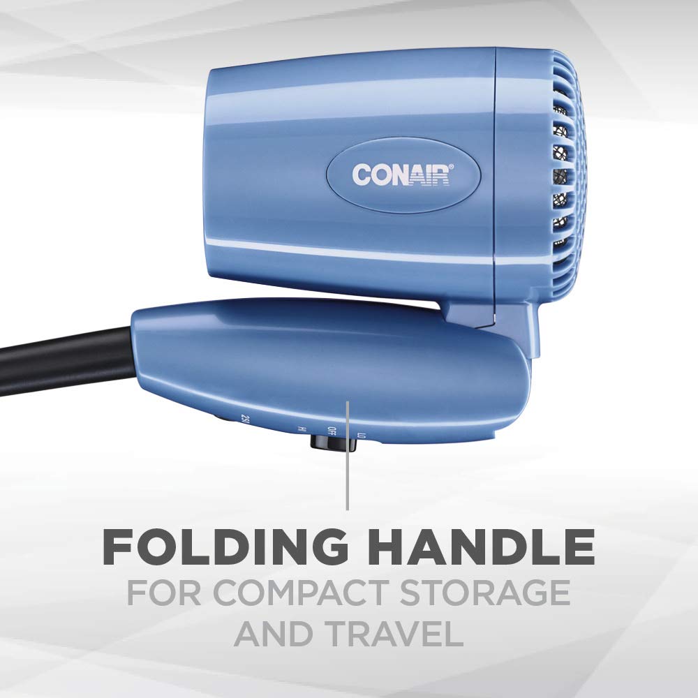Dual Voltage Hair Dryer, Compact Folding Handle Design, 1600W | Travel blow dryer for on-the-go styling with foldable 0.75-lb design, high-velocity airflow, and various heat/speed settings