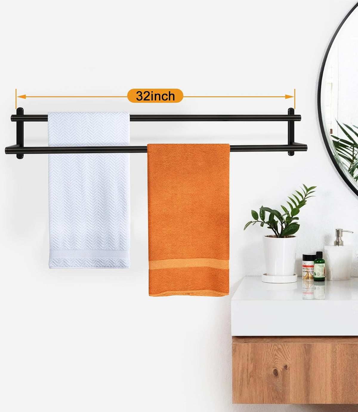 Double Towel Bar, 24Inch Towel Rack for Bathroom, Stainless Steel Double Bath Towel Bar, Wall Mounted Towel Holder, Double Towel Rod Towel Rail Hanger for Wall, Kitchen (Matte Black)