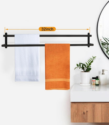 Double Towel Bar, 24Inch Towel Rack for Bathroom, Stainless Steel Double Bath Towel Bar, Wall Mounted Towel Holder, Double Towel Rod Towel Rail Hanger for Wall, Kitchen (Matte Black)