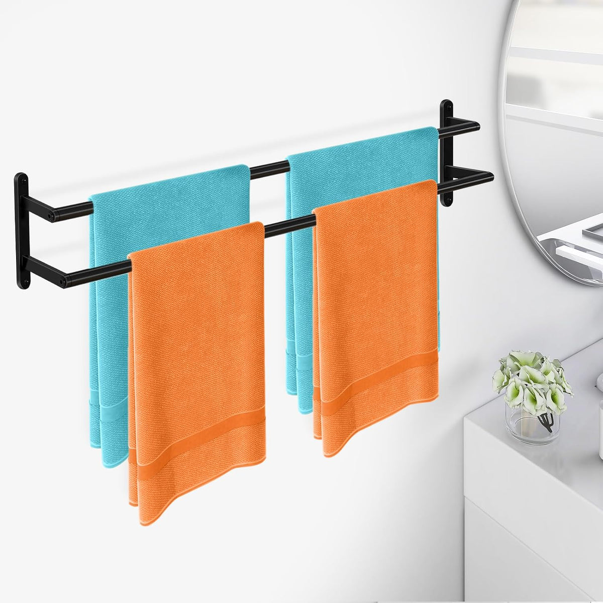 Double Towel Bar, 24Inch Towel Rack for Bathroom, Stainless Steel Double Bath Towel Bar, Wall Mounted Towel Holder, Double Towel Rod Towel Rail Hanger for Wall, Kitchen (Matte Black)