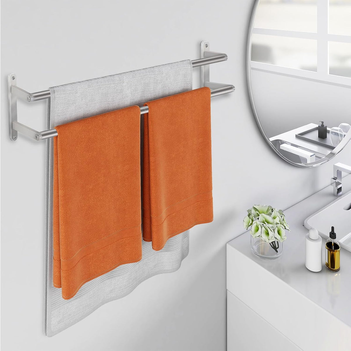 Double Towel Bar, 24Inch Towel Rack for Bathroom, Stainless Steel Double Bath Towel Bar, Wall Mounted Towel Holder, Double Towel Rod Towel Rail Hanger for Wall, Kitchen (Matte Black)