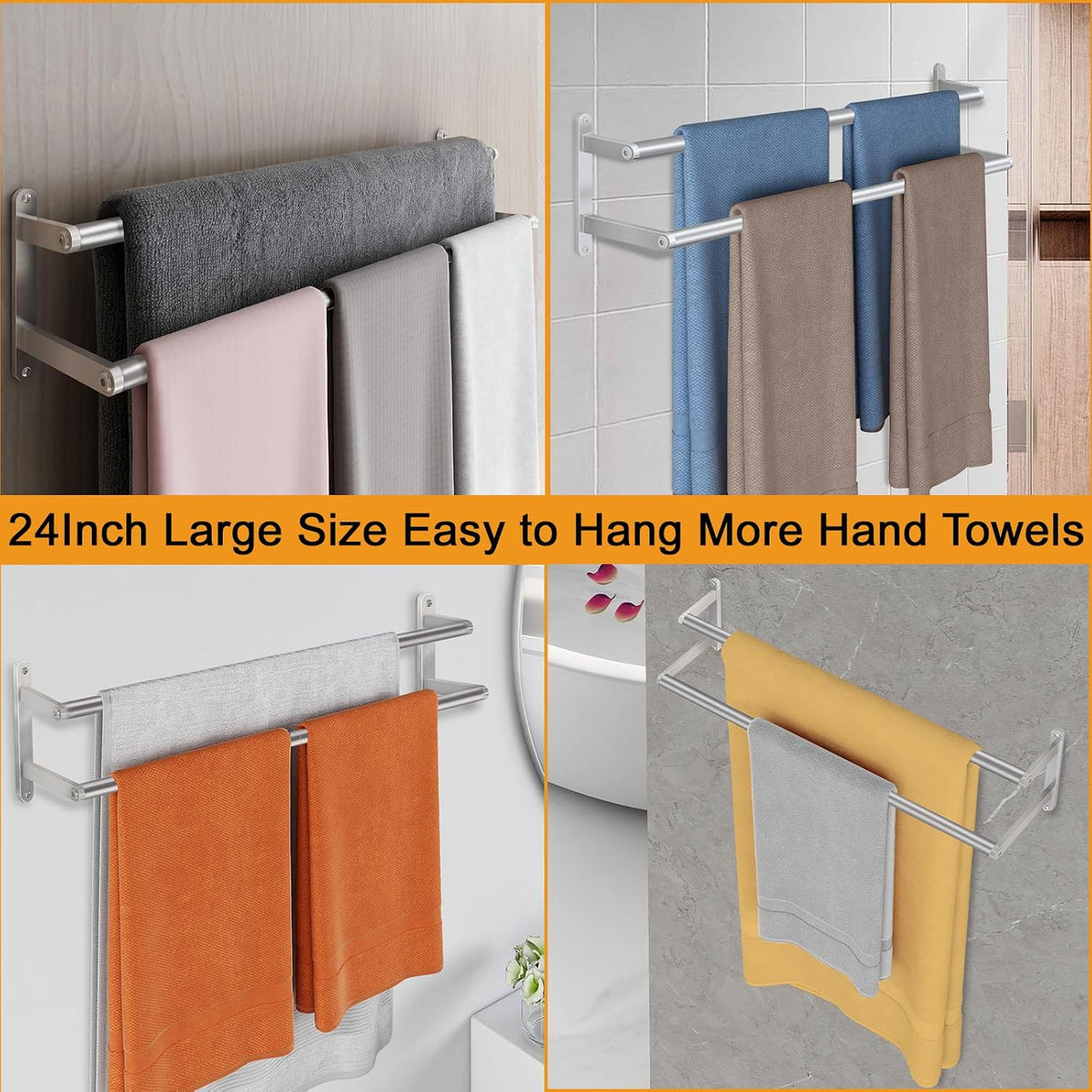 Double Towel Bar, 24Inch Towel Rack for Bathroom, Stainless Steel Double Bath Towel Bar, Wall Mounted Towel Holder, Double Towel Rod Towel Rail Hanger for Wall, Kitchen (Matte Black)