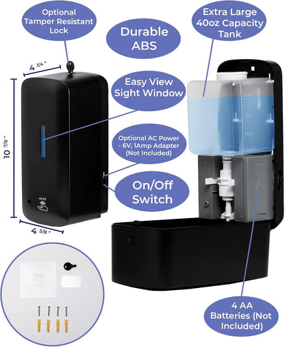 Automatic Soap Dispenser with Extra Large 40 oz. Capacity (Liquid/Gel) - Wall Mounted Hand Soap or Touchless Hand Sanitizer Unit for Commercial or Home Bathrooms - ADA Compliant (Black)