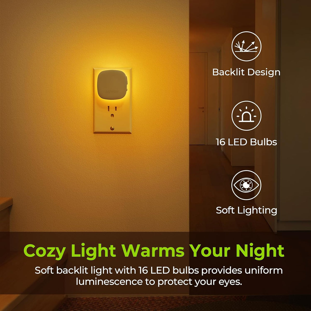 Plug-in LED Backlit Night Light, Motion & Dusk to Dawn Sensor, 2-Pack | 2200K Warm White Nightlight with 1-50lm Dimmable Brightness for Bedroom, Bathroom, Hallway, Kitchen, Garage, Stairs, Nursery