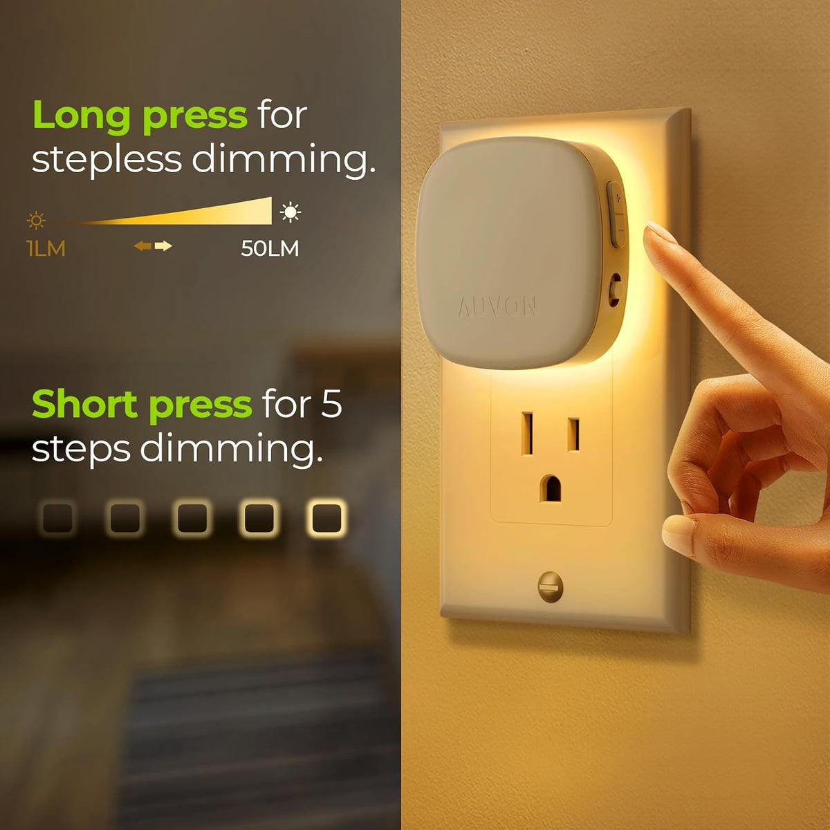 Plug-in LED Backlit Night Light, Motion & Dusk to Dawn Sensor, 2-Pack | 2200K Warm White Nightlight with 1-50lm Dimmable Brightness for Bedroom, Bathroom, Hallway, Kitchen, Garage, Stairs, Nursery