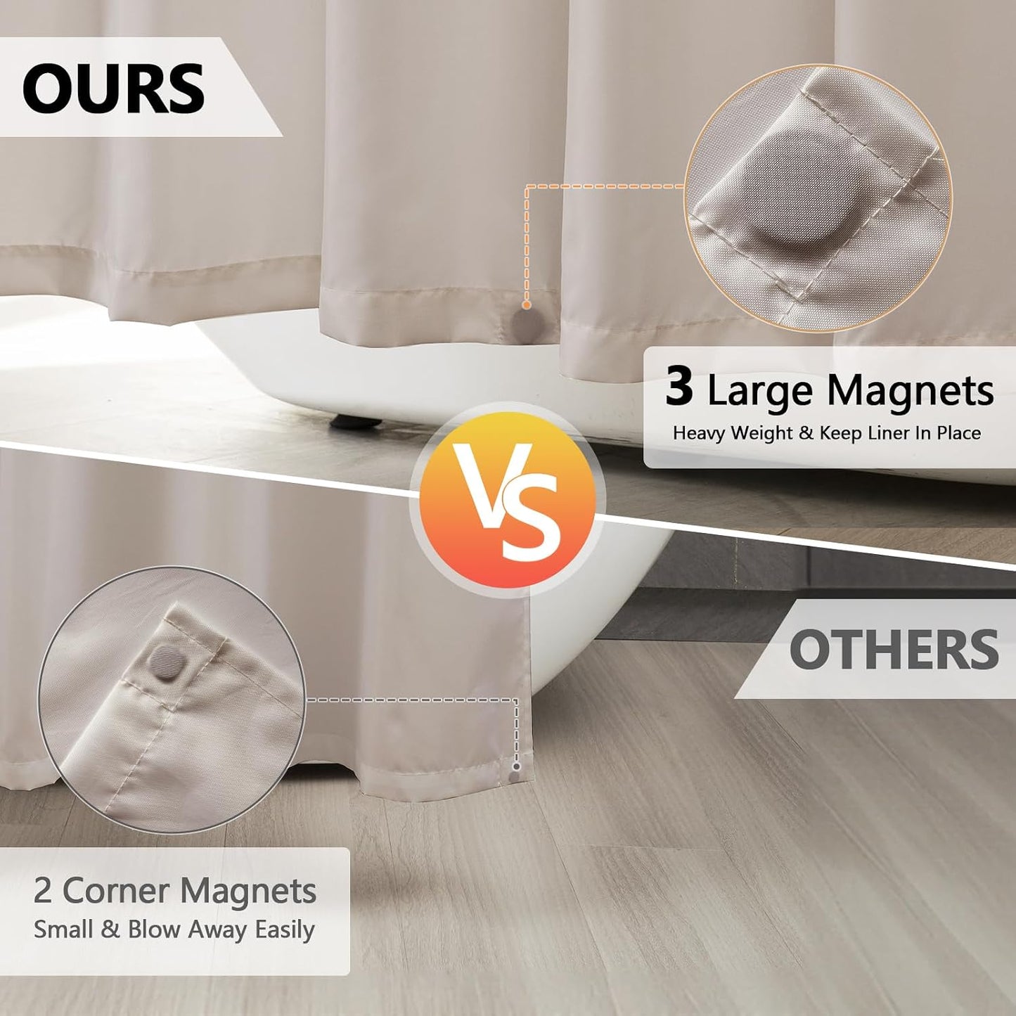 Waterproof Fabric Shower Curtain Liner with 3 Extra-Large Magnets, 72 x 72 inch Washable Cloth Shower Liner Odorless Hotel Quality, Neutral White Lightweight Shower Curtain for Bathroom