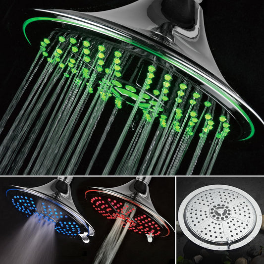 Ultra-Luxury Extra-large 8 Inch Chrome Face 5-Setting Rainfall LED Shower-Head by Top Brand Manufacturer. Color of LED lights changes automatically according to water temperature