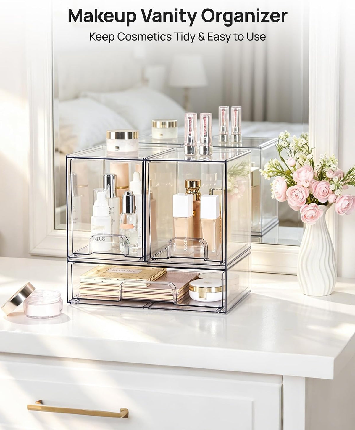 Clear Stackable Storage Drawers Set of 5, Plastic Organizer Bins