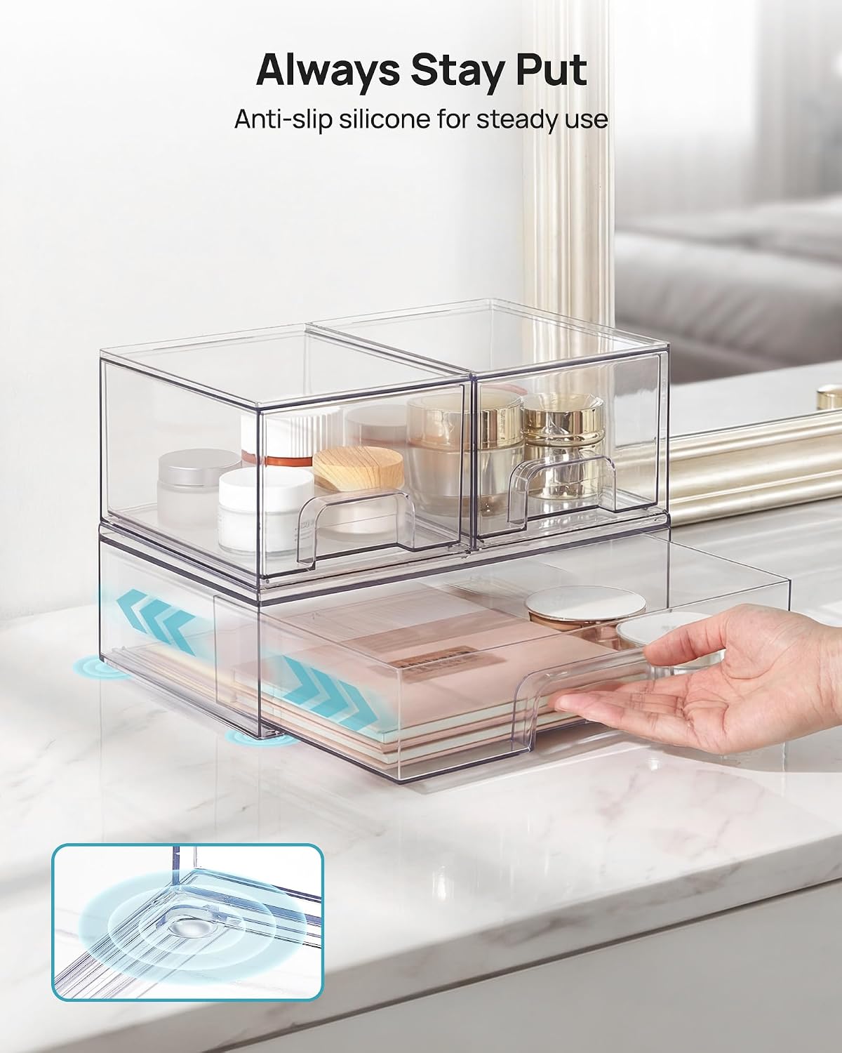 Clear Stackable Storage Drawers Set of 5, Plastic Organizer Bins