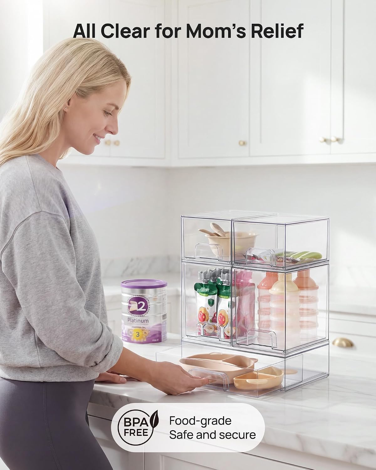 Clear Stackable Storage Drawers Set of 5, Plastic Organizer Bins