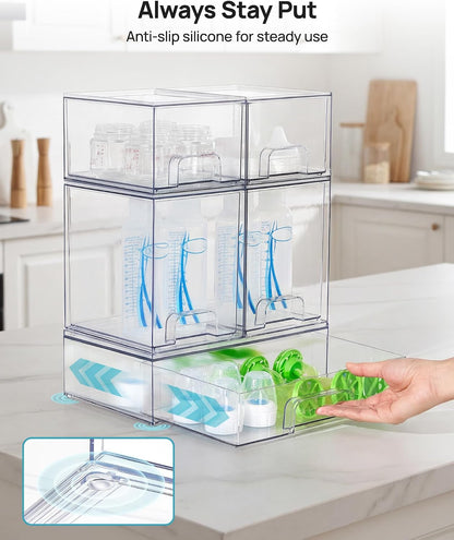 Clear Stackable Storage Drawers Set of 5, Plastic Organizer Bins