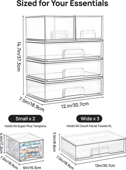 Clear Stackable Storage Drawers Set of 5, Plastic Organizer Bins