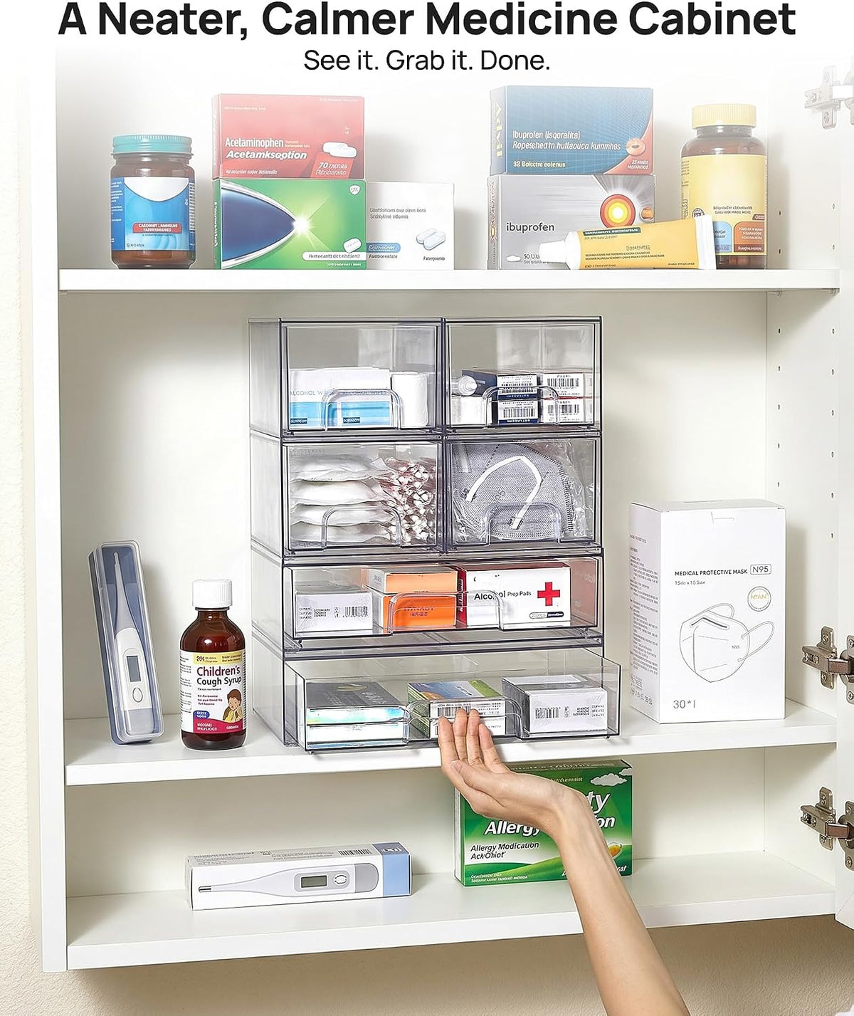 Clear Stackable Storage Drawers Set of 5, Plastic Organizer Bins