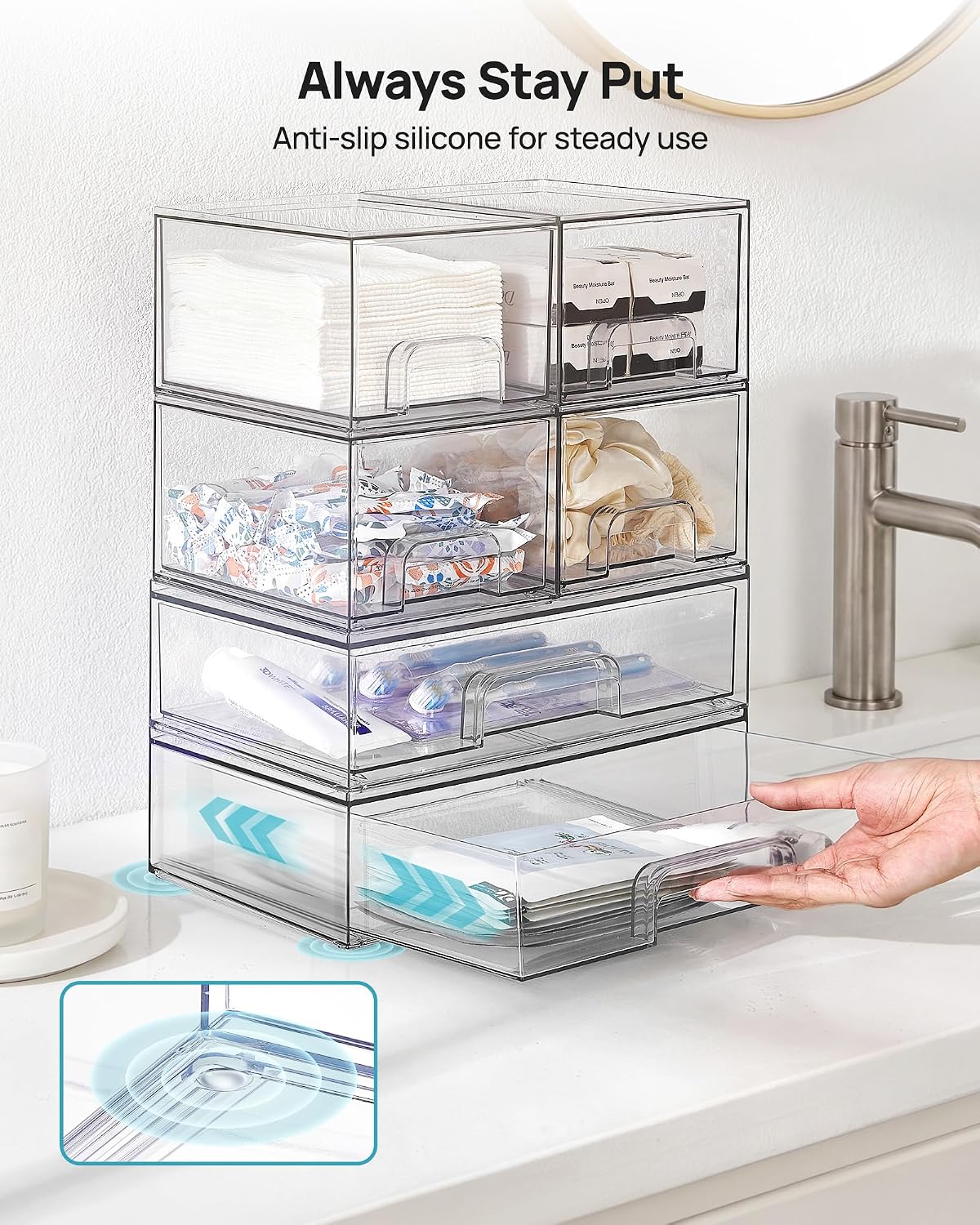 Clear Stackable Storage Drawers Set of 5, Plastic Organizer Bins
