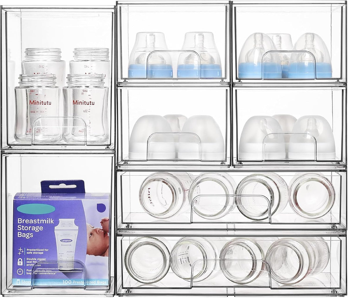 Clear Stackable Storage Drawers Set of 5, Plastic Organizer Bins